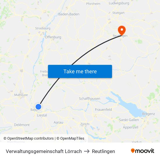 Verwaltungsgemeinschaft Lörrach to Reutlingen map