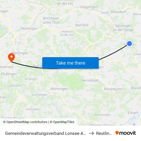 Gemeindeverwaltungsverband Lonsee-Amstetten to Reutlingen map