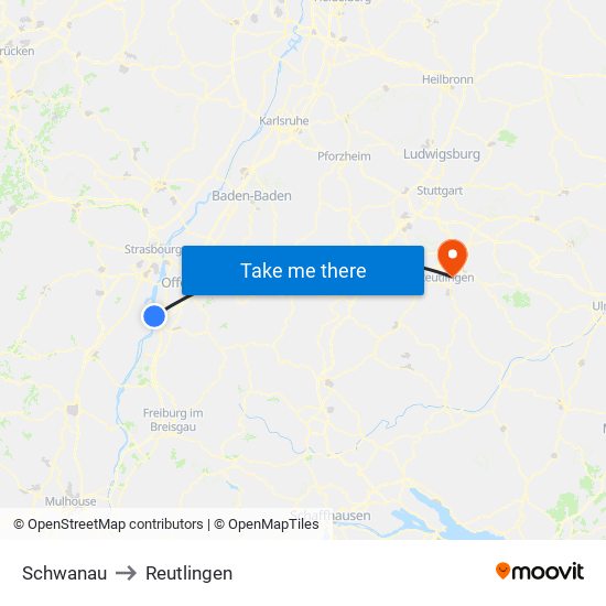 Schwanau to Reutlingen map