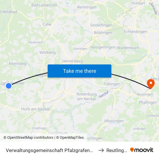 Verwaltungsgemeinschaft Pfalzgrafenweiler to Reutlingen map