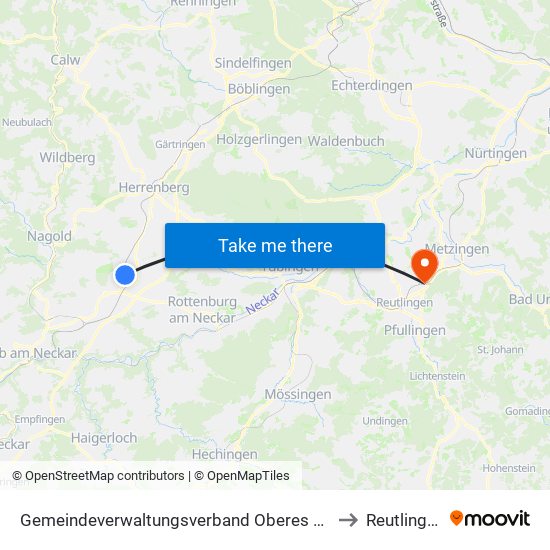 Gemeindeverwaltungsverband Oberes Gäu to Reutlingen map