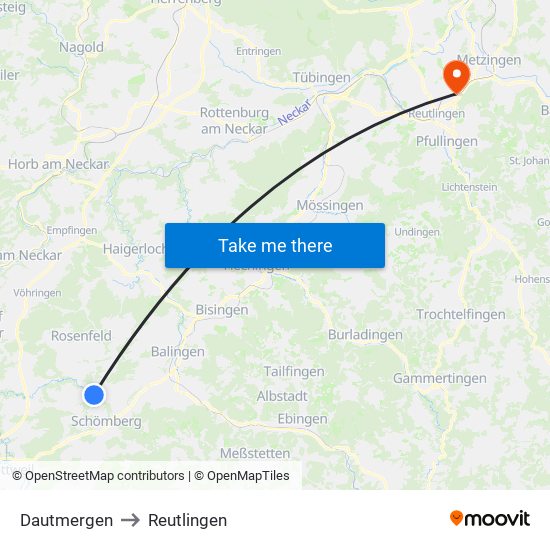 Dautmergen to Reutlingen map