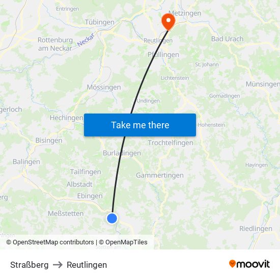 Straßberg to Reutlingen map