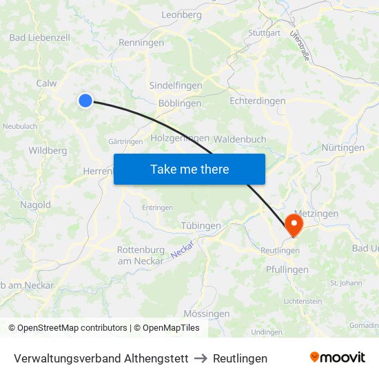 Verwaltungsverband Althengstett to Reutlingen map