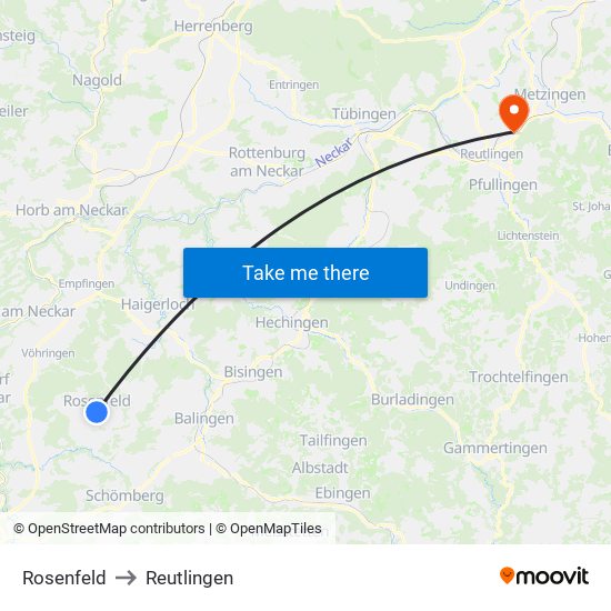 Rosenfeld to Reutlingen map