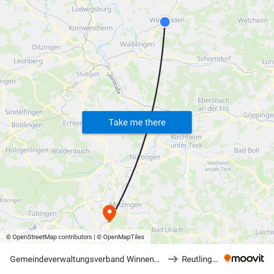 Gemeindeverwaltungsverband Winnenden to Reutlingen map