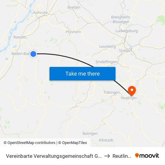 Vereinbarte Verwaltungsgemeinschaft Gernsbach to Reutlingen map