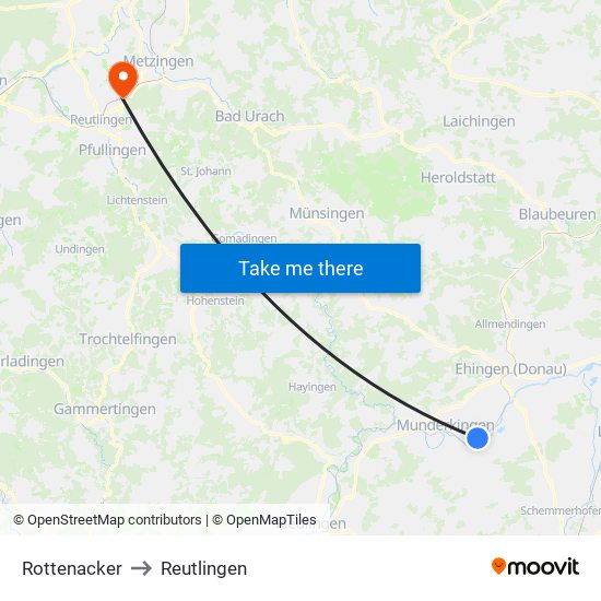 Rottenacker to Reutlingen map