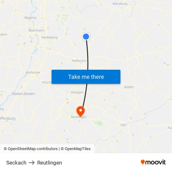 Seckach to Reutlingen map