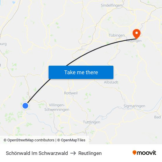 Schönwald Im Schwarzwald to Reutlingen map