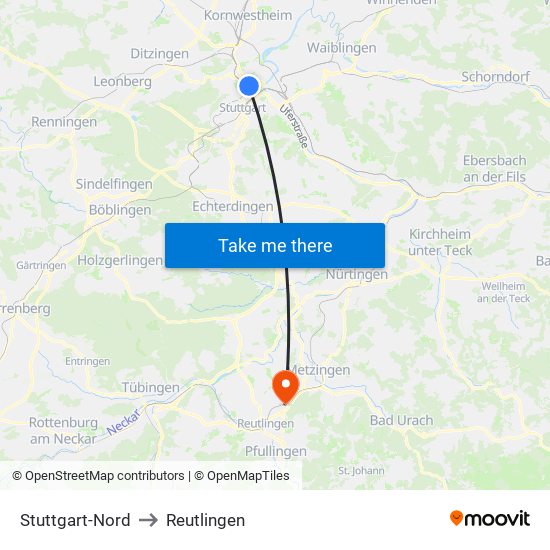 Stuttgart-Nord to Reutlingen map