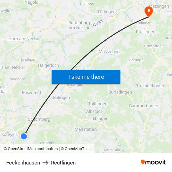 Feckenhausen to Reutlingen map