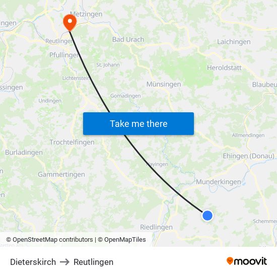 Dieterskirch to Reutlingen map