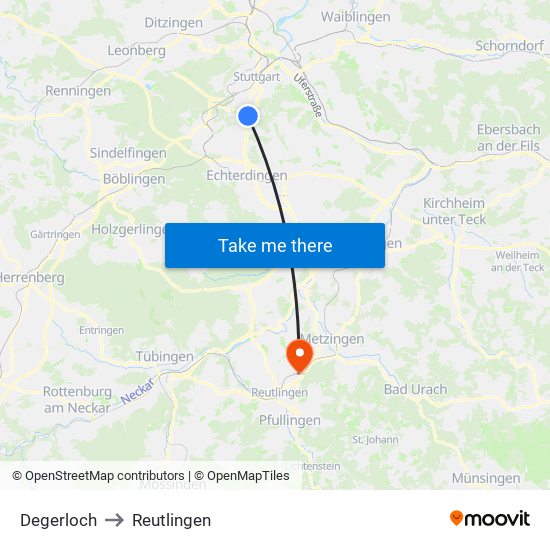 Degerloch to Reutlingen map