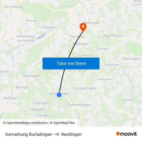 Gemarkung Burladingen to Reutlingen map