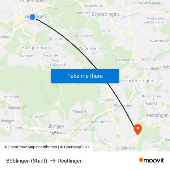 Böblingen (Stadt) to Reutlingen map