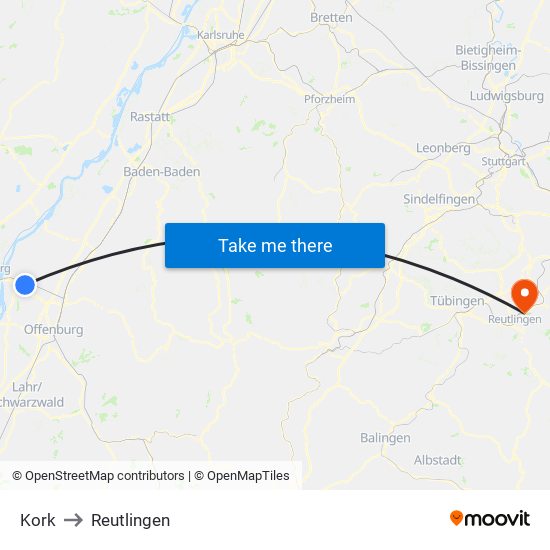 Kork to Reutlingen map