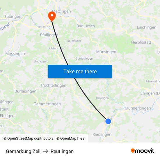 Gemarkung Zell to Reutlingen map