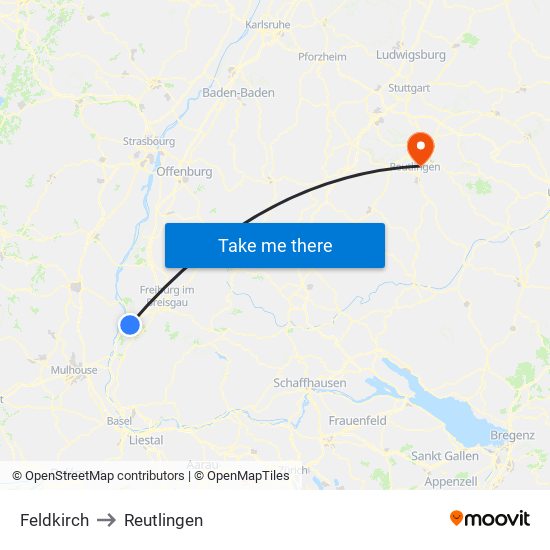 Feldkirch to Reutlingen map