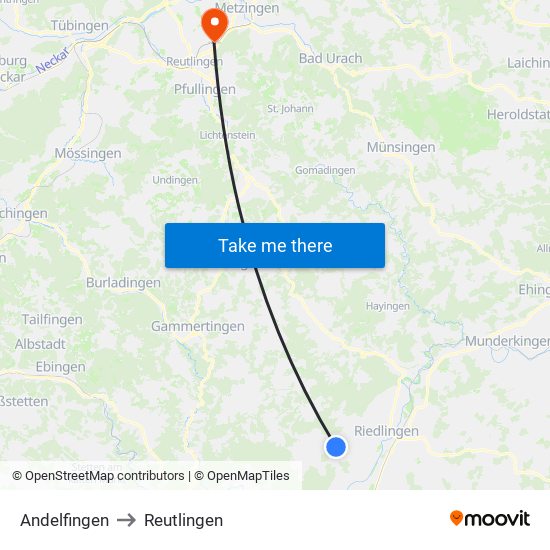 Andelfingen to Reutlingen map