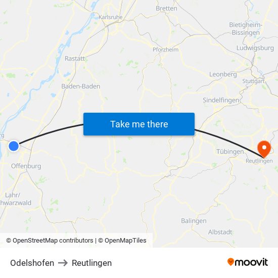 Odelshofen to Reutlingen map