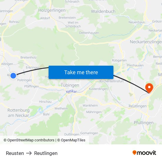 Reusten to Reutlingen map