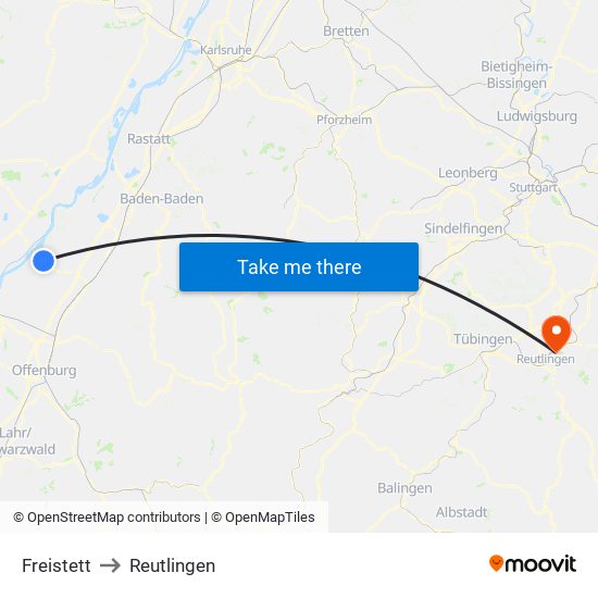 Freistett to Reutlingen map