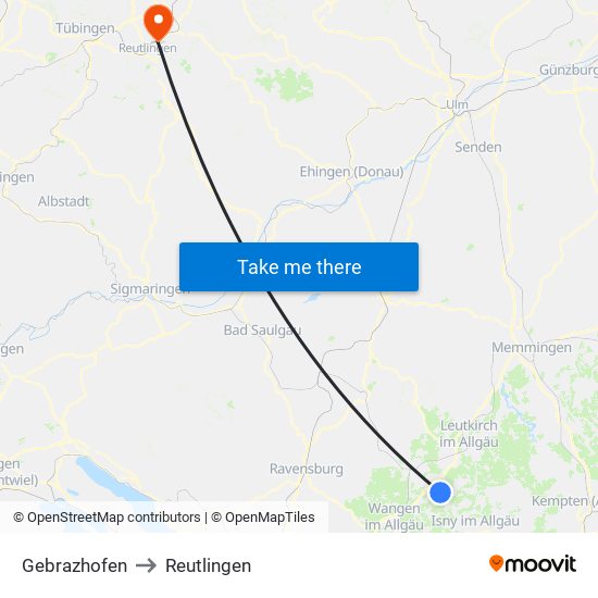 Gebrazhofen to Reutlingen map