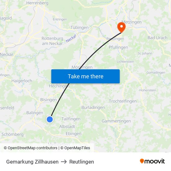 Gemarkung Zillhausen to Reutlingen map