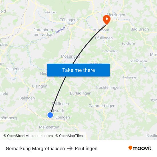 Gemarkung Margrethausen to Reutlingen map