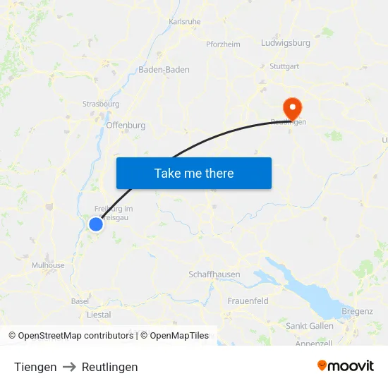 Tiengen to Reutlingen map
