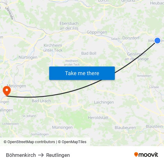 Böhmenkirch to Reutlingen map