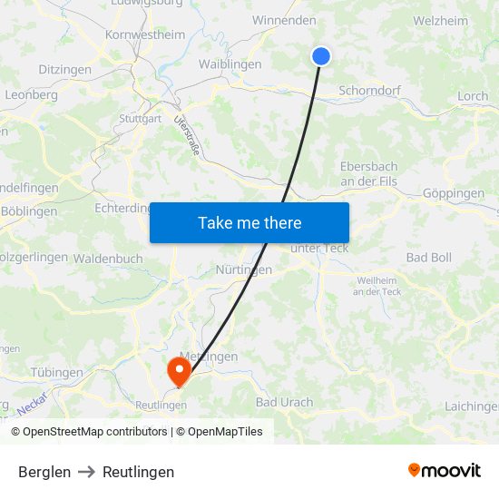 Berglen to Reutlingen map