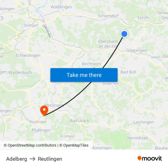 Adelberg to Reutlingen map