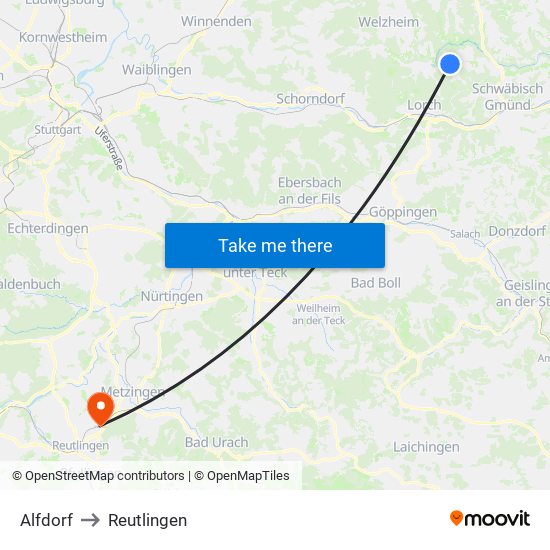 Alfdorf to Reutlingen map