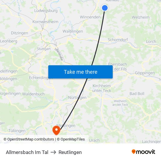 Allmersbach Im Tal to Reutlingen map