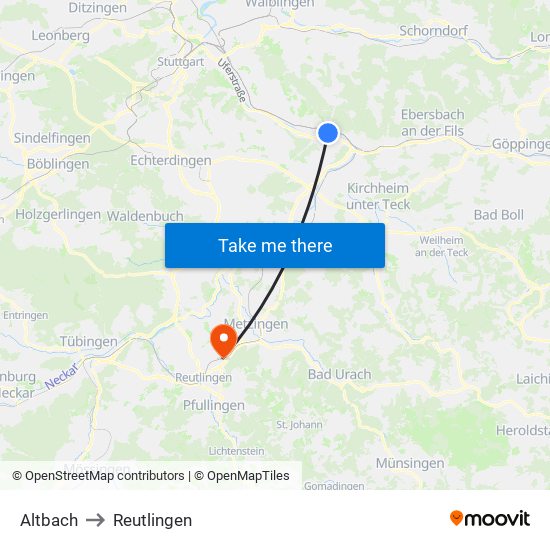 Altbach to Reutlingen map