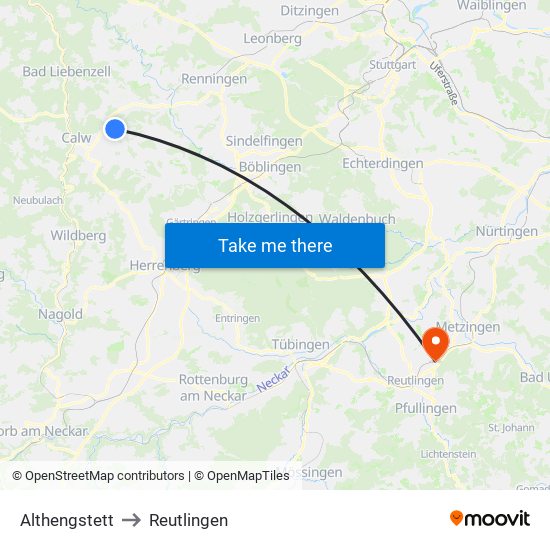 Althengstett to Reutlingen map