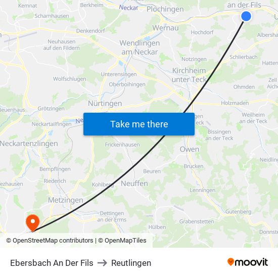 Ebersbach An Der Fils to Reutlingen map