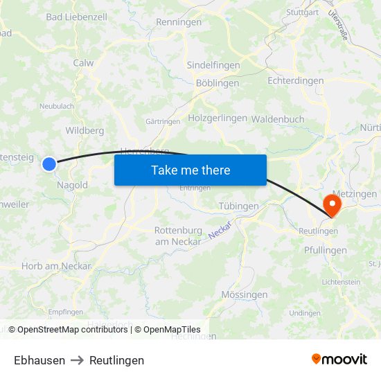 Ebhausen to Reutlingen map