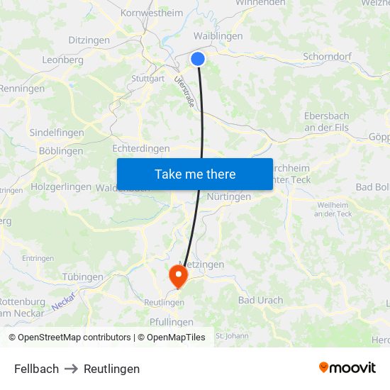 Fellbach to Reutlingen map