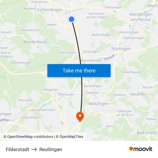 Filderstadt to Reutlingen map