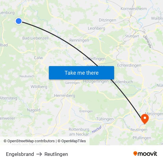 Engelsbrand to Reutlingen map