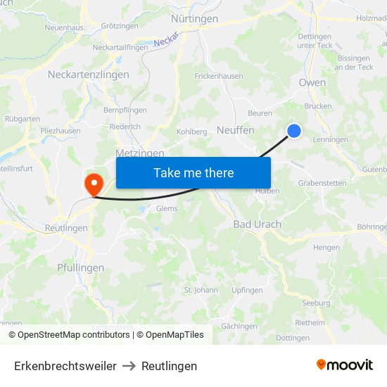 Erkenbrechtsweiler to Reutlingen map