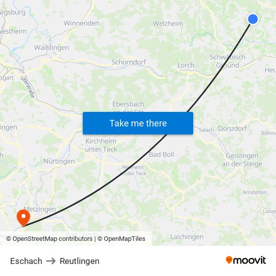 Eschach to Reutlingen map