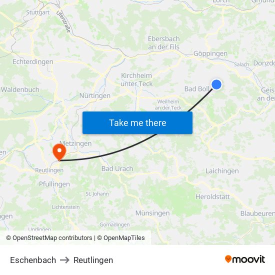 Eschenbach to Reutlingen map