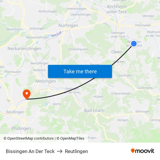 Bissingen An Der Teck to Reutlingen map