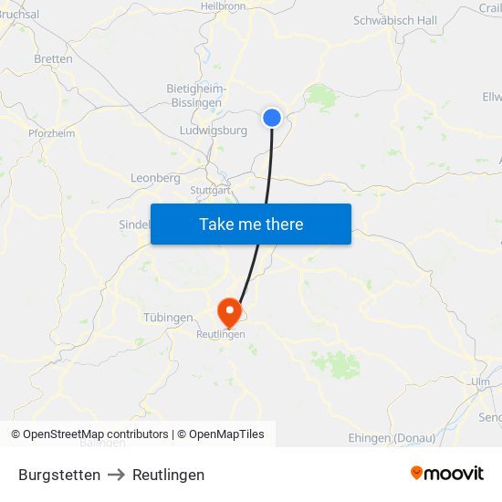 Burgstetten to Reutlingen map