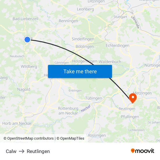 Calw to Reutlingen map