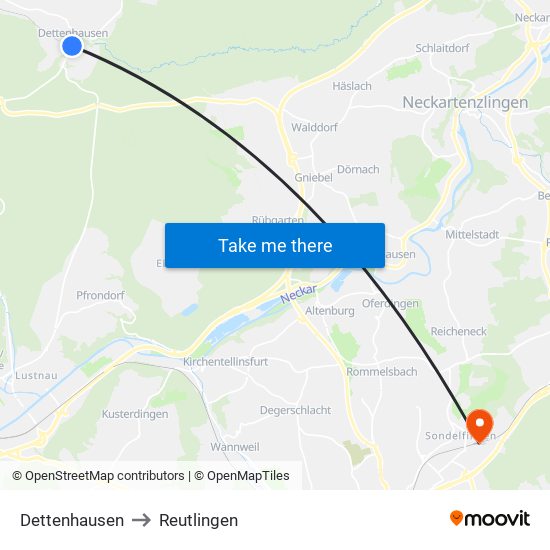 Dettenhausen to Reutlingen map